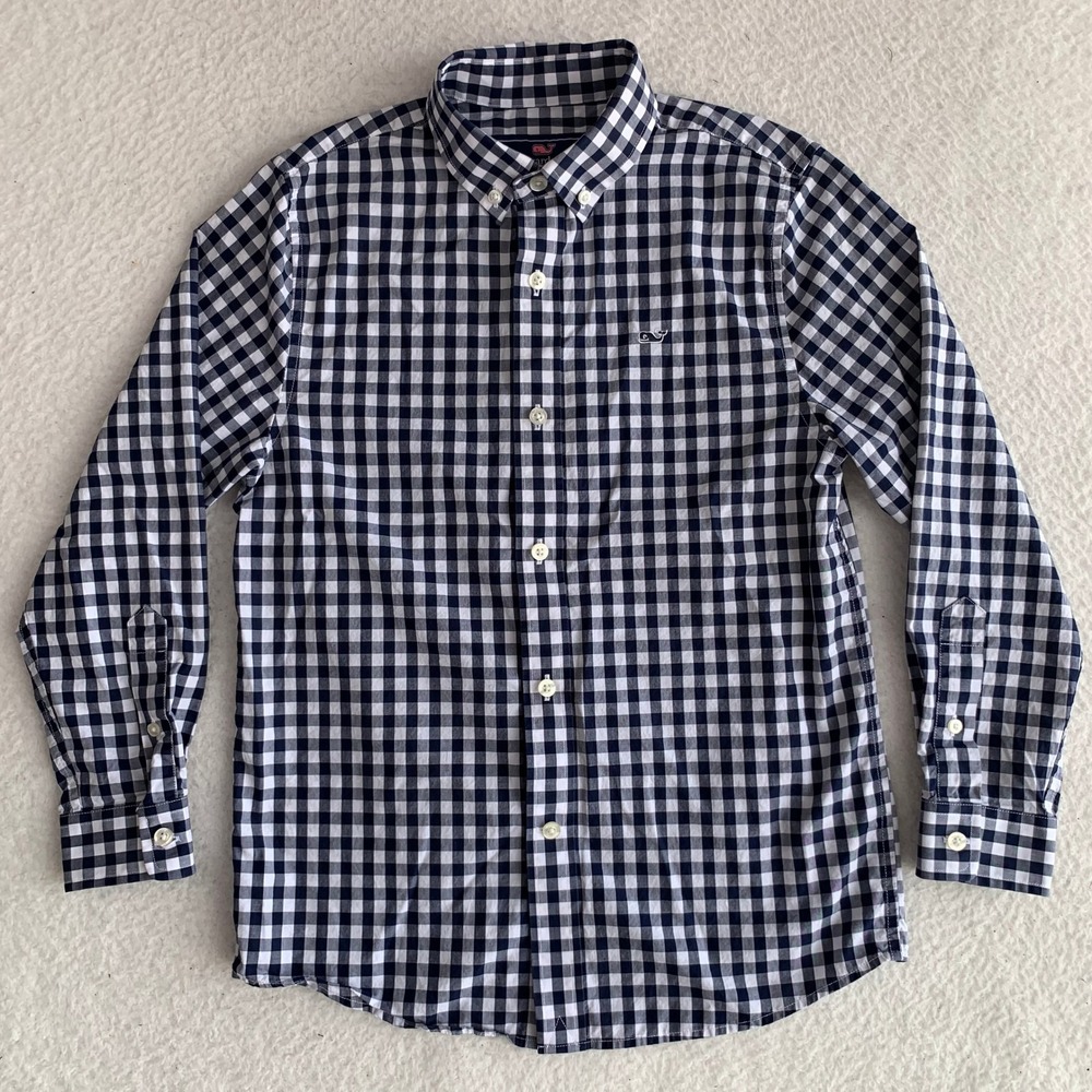 Vineyard Vines Whale Shirt Boys Size S 8-10 Button Gingham Navy 100% Cotton